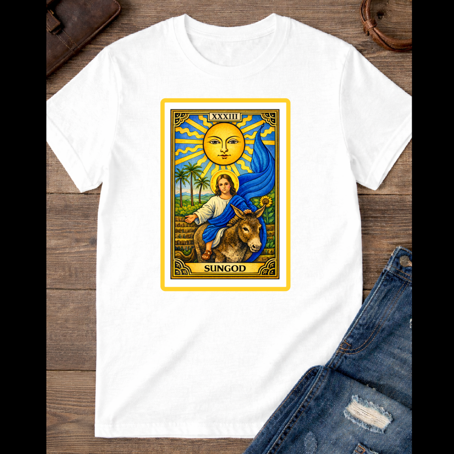 The Sun card with baby Jesus on a donkey with the blue flag / large Front image  / 100% Soft Cotton T-shirts / Catholics / Christianity / Tarot / Baby Jesus / The Sun / Palms