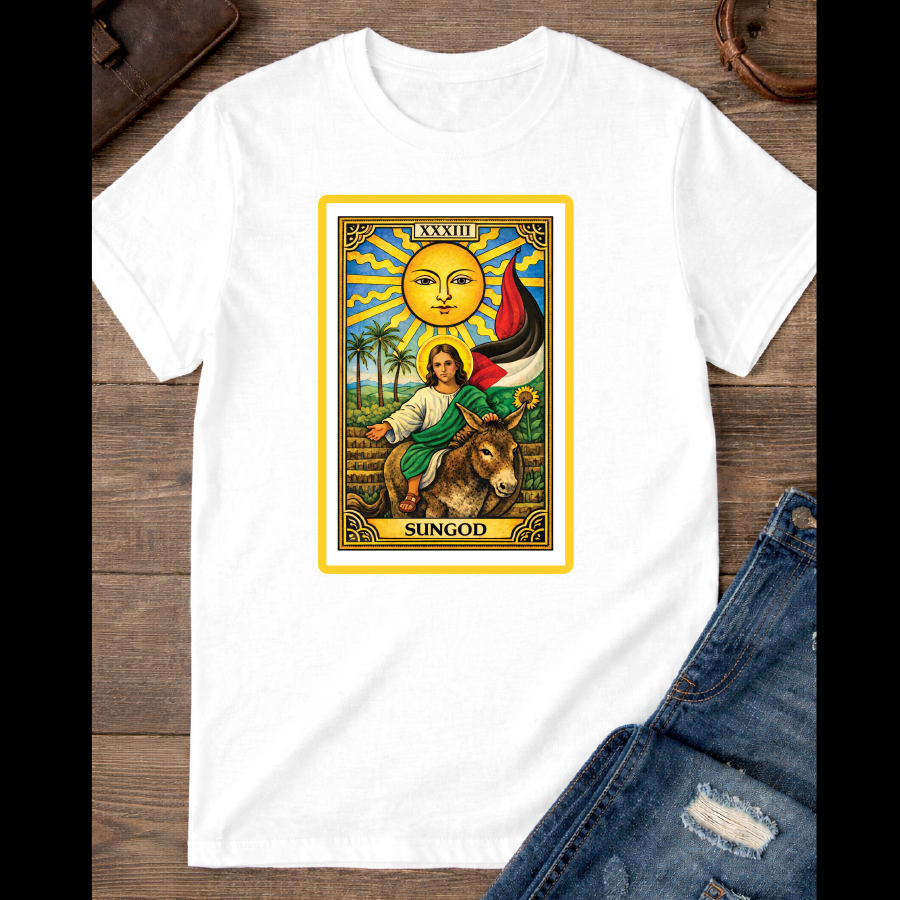 The Sun card with baby Jesus on a donkey with the palestinian flag / Sidepocket image  / 100% Soft Cotton T-shirts / Catholics / Christianity / Tarot / Baby Jesus / The Sun / Palms