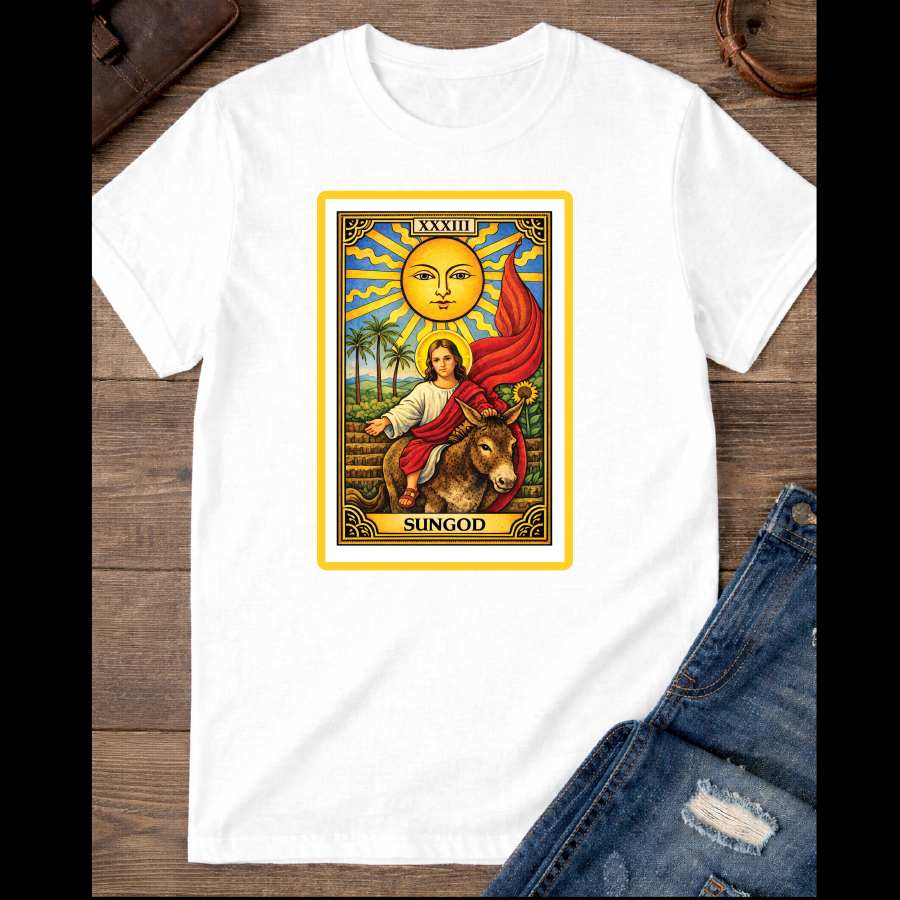 The Sun card with baby Jesus on a donkey with the red flag / large Front image  / 100% Soft Cotton T-shirts / Catholics / Christianity / Tarot / Baby Jesus / The Sun / Palms