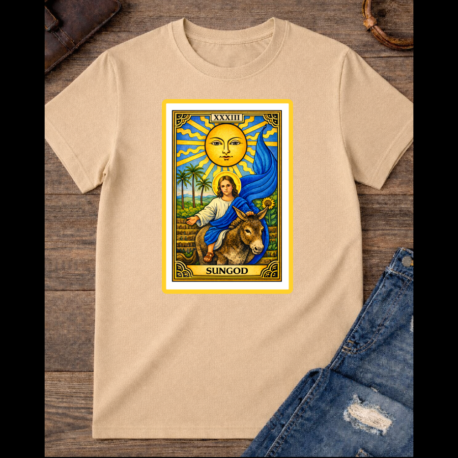 The Sun card with baby Jesus on a donkey with the blue flag / large Front image  / 100% Soft Cotton T-shirts / Catholics / Christianity / Tarot / Baby Jesus / The Sun / Palms