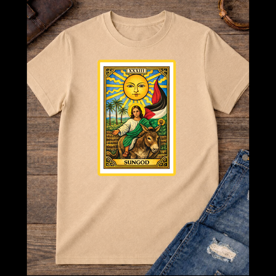 The Sun card with baby Jesus on a donkey with the palestinian flag / Sidepocket image  / 100% Soft Cotton T-shirts / Catholics / Christianity / Tarot / Baby Jesus / The Sun / Palms