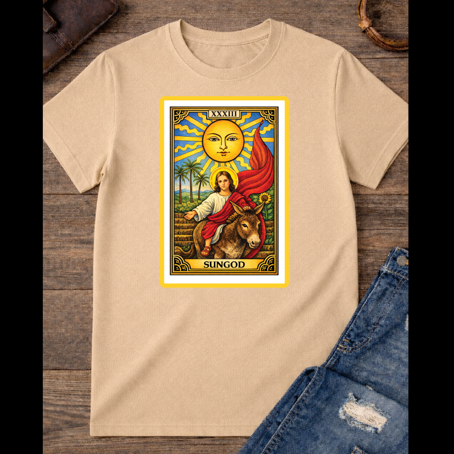 The Sun card with baby Jesus on a donkey with the red flag / large Front image  / 100% Soft Cotton T-shirts / Catholics / Christianity / Tarot / Baby Jesus / The Sun / Palms