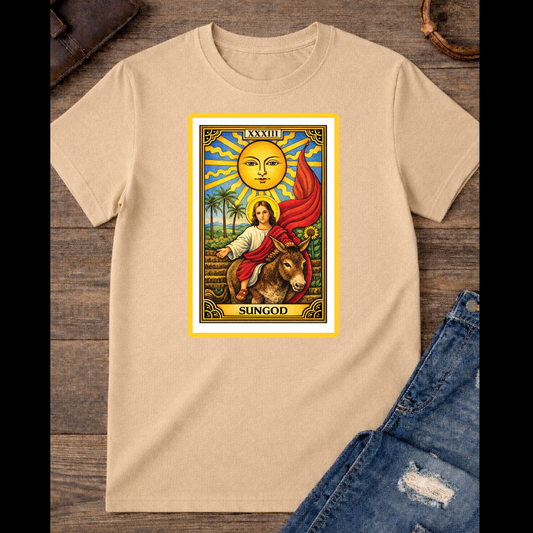 The Sun card with baby Jesus on a donkey with the red flag / large Front image  / 100% Soft Cotton T-shirts / Catholics / Christianity / Tarot / Baby Jesus / The Sun / Palms