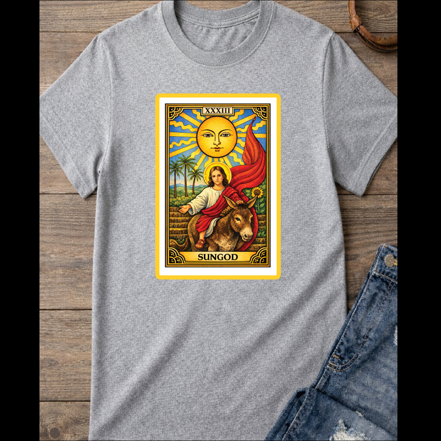 The Sun card with baby Jesus on a donkey with the red flag / large Front image  / 100% Soft Cotton T-shirts / Catholics / Christianity / Tarot / Baby Jesus / The Sun / Palms