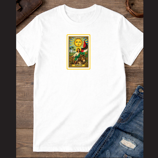 The Sun card with baby Jesus on a donkey with the Palestinian flag / 100% Soft Cotton T-shirts / Catholics / Christianity / Tarot / Baby Jesus / The Sun / Palms