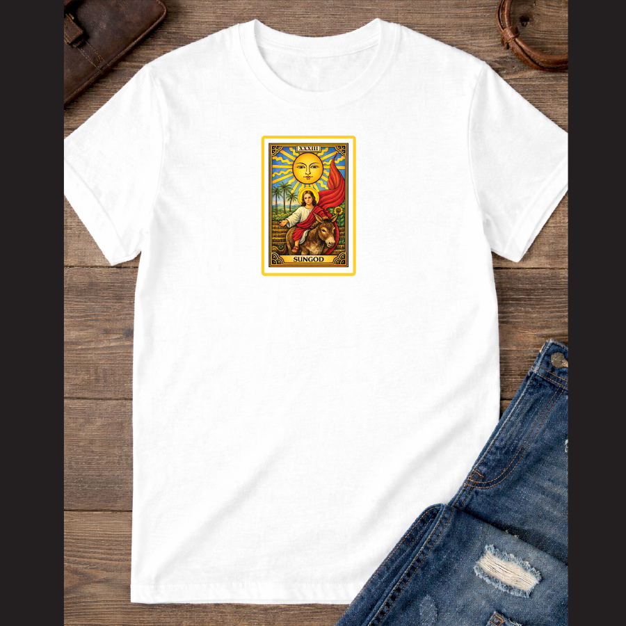 The Sun card with baby Jesus on a donkey with the Red flag / 100% Soft Cotton T-shirts / Catholics / Christianity / Tarot / Baby Jesus / The Sun / Palms